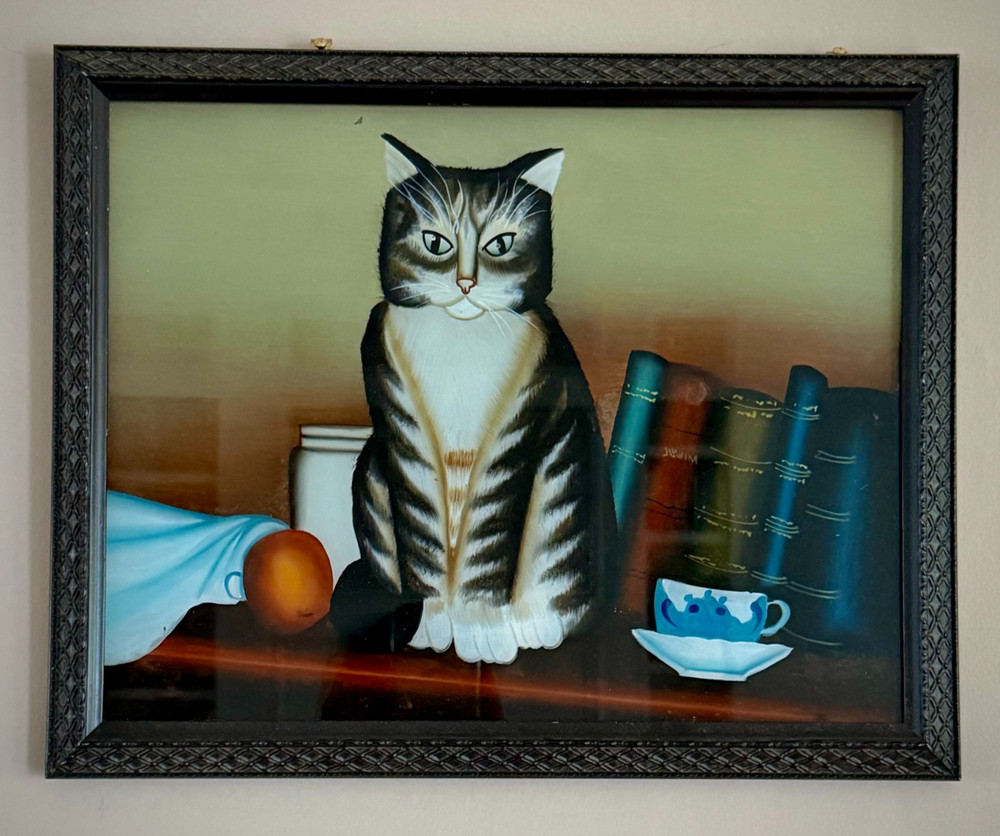 Vintage Reverse Painted Glass Cat Still Life Folk Art Framed Tole Style Picture