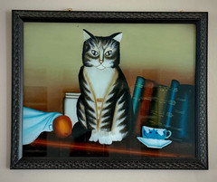 Vintage Reverse Painted Glass Cat Still Life Folk Art Framed Tole Style Picture