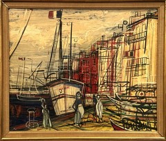 Michel-Marie Poulain (French), VTG MCM Origin. Oil/Masonite „Toulon 1954“ Signed