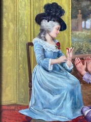 19th C. Victorian Painting Signed – Portrait Lady & Pretender – Antique Frame