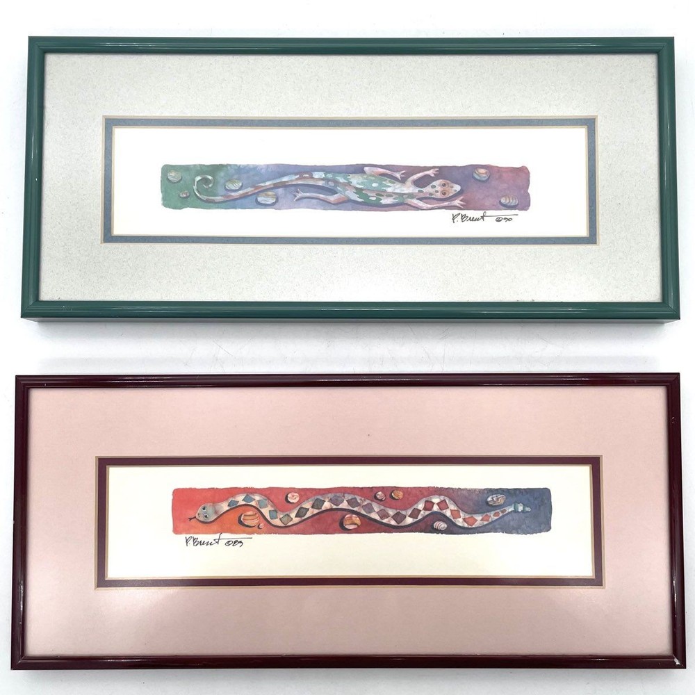 Paul Brent Original Watercolor Paintings Lizard & Snake Pair 14×6 Signed 80s/90s