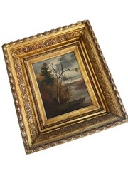Antique Oil Painting Of Serene River Landscape, Chunky Thick Gold Gilded Frame