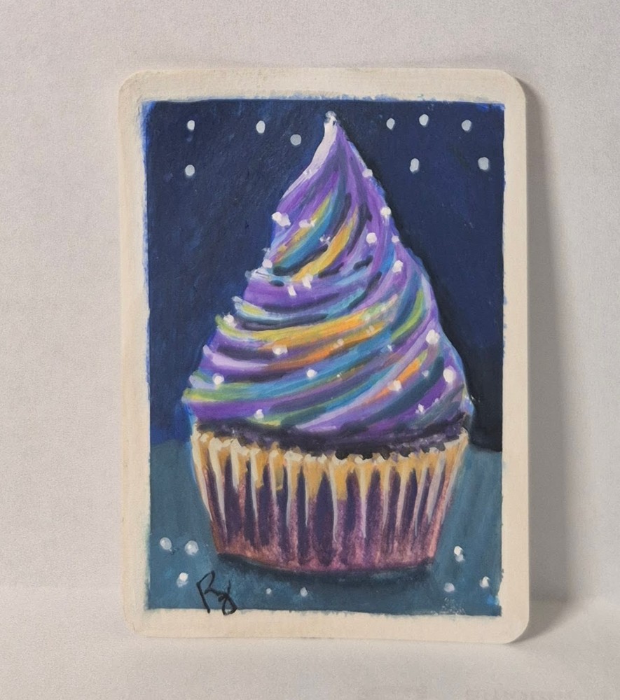 ACEO Art Trading Card OOAK original Cupcake Purple Rainbow. Gouach on Paper.