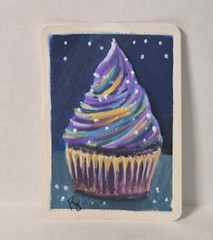 ACEO Art Trading Card OOAK original Cupcake Purple Rainbow. Gouach on Paper.
