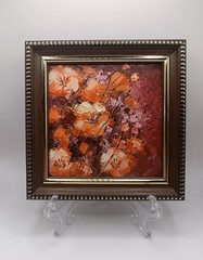 Textured Orange Flowers Painting Original Impasto Burgundy Botanical Art Framed