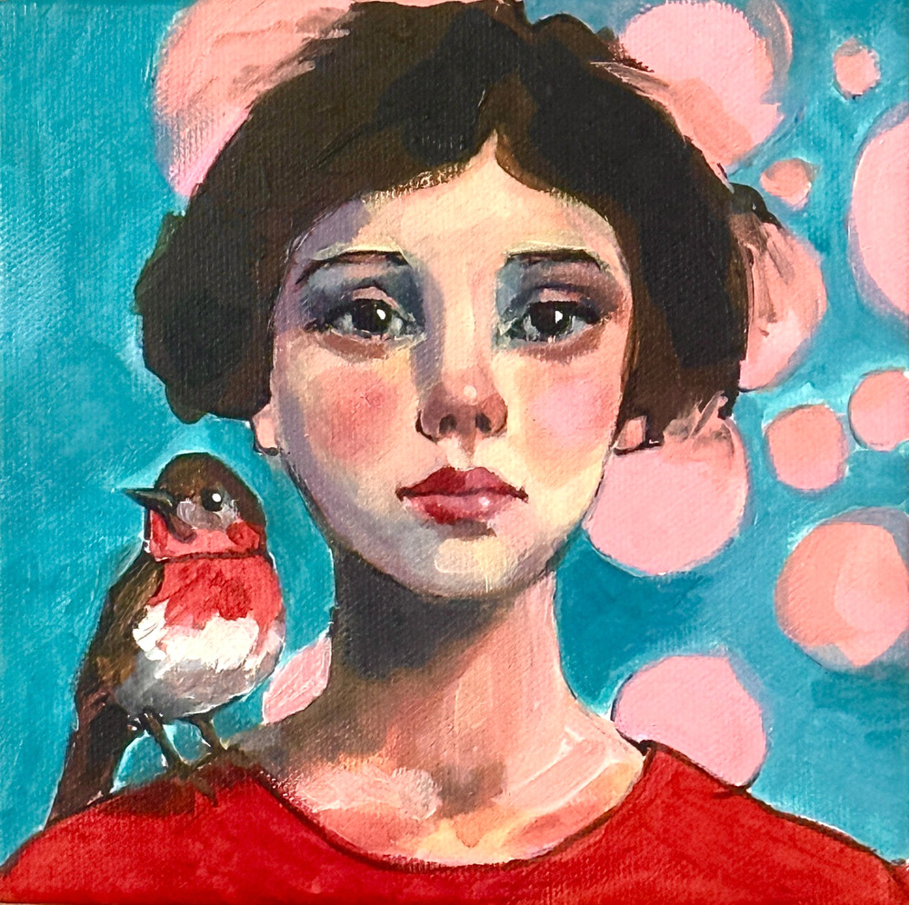 Original Acrylic Woman Portrait Painting 6×6 Bird Contemporary Signed AdriO