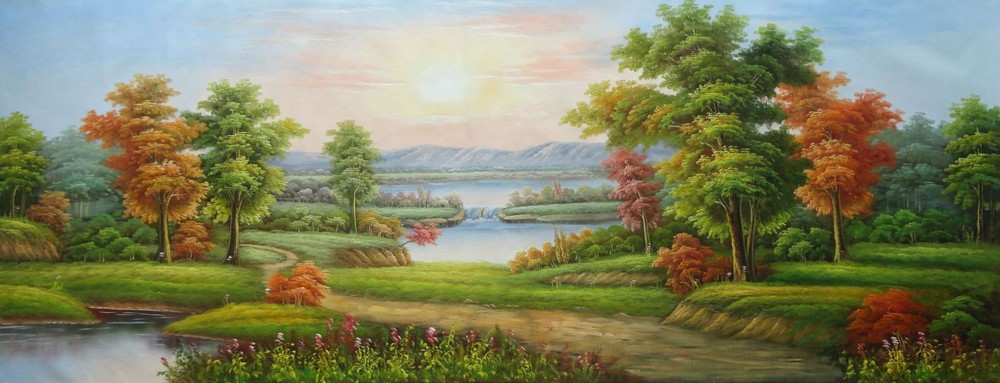 28×70 Xanadu, Small Path, Waterfall, Lake, Flowers And Trees Oil Painting