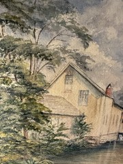 antique original watercolor Architecture Grain Mill River 10” x 7 1/2” Unsigned