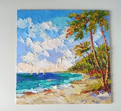 Seascape Original Oil Painting Hawaii Beach Seaside Palm Trees on Panel 10x10in