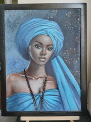 African Woman Oil Painting Original Framed Black Art Blue Turban Portrait 13×17