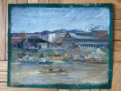 Vintage 1930’s Oil on Canvas Landscape Boats Harbor 12×15 Jean Schweckler
