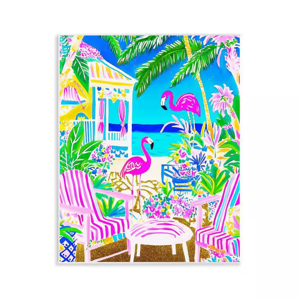 Vivid Flamingos on Tropical Beach by Jess Stempel Unframed Nature Graphic Art Pr