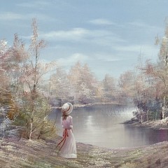 VTG Original Signed FRAMED OILPAINTING ONCANVAS GIRL BY THE LAKE LANDSCAP 29X41”
