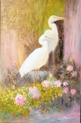 Miniature oil painting Egret with flowers Painted on Bristol board