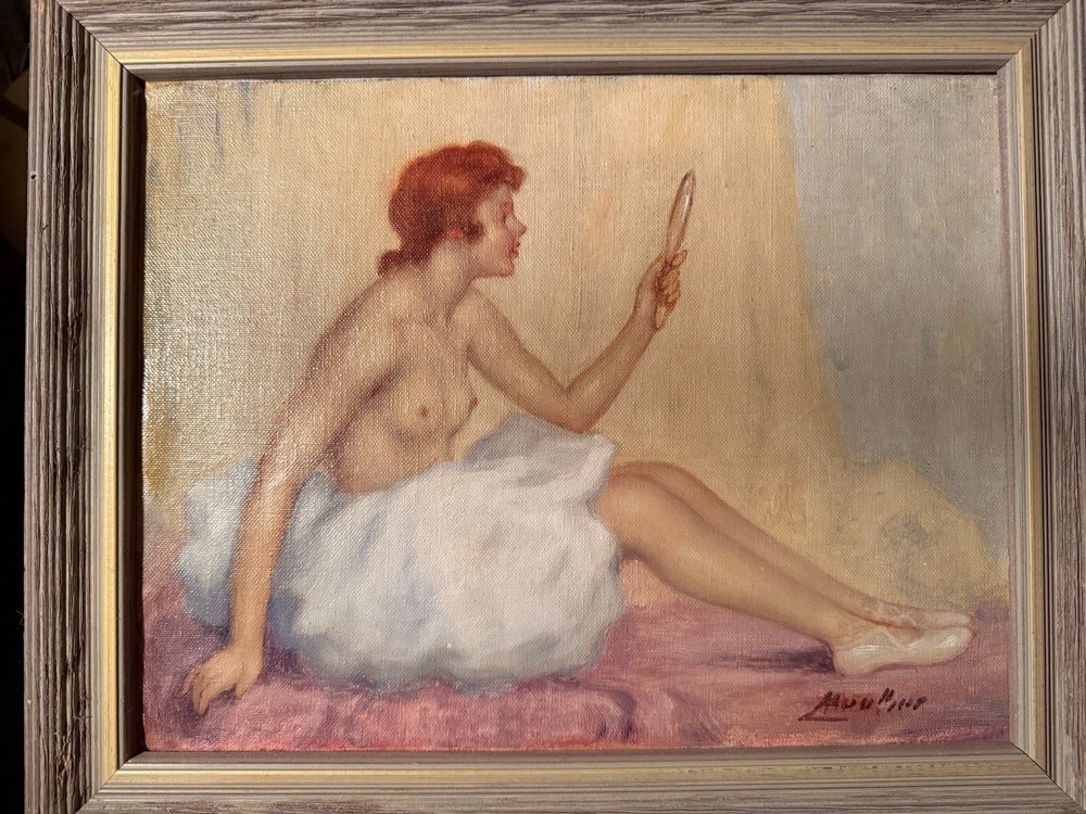 Sitting Ballerina Oil Painting Mid-Century 14×10.5