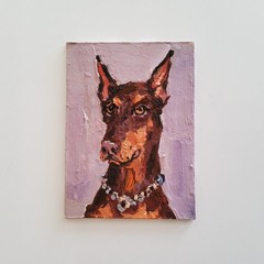 ACEO Original Painting Dogs Doberman Pet Portrait Animal Gouache Modern Artwork
