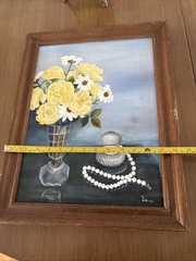 Framed Canvas Painting Signed By Artist Flowers Pearls Yellow Blue White
