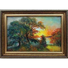 River Landscape Original Oil Painting 6×4 Framed Signed Sunset Lake Nature Art
