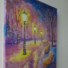 Original Oil Winter Landscape Painting Snow Park Benches Canvas Wall Art Decor