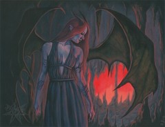 Gothic Fantasy Art ORIGINAL PAINTING Demon Woman Dark Cave Bat Wings Horns Red