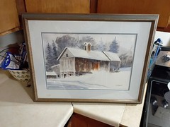 Painting of barn covered snow fine art watercolor landscape painting (original)