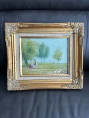 VTG Framed Oil Painting Lady by Flower Garden Scene Ornate Gold Gilt Frame 14″