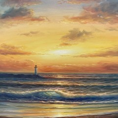 Oil Painting 20×24″ Ocean waves under sunset, seagulls flying, lighthouse