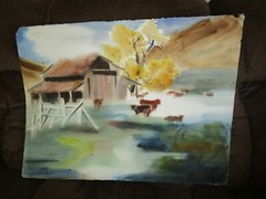 Original Watercolor By Peg Humphreys, California Cove & Cattle Barn 30″x 22″