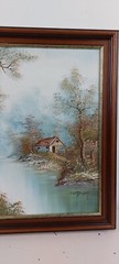 Irene Cafieri Landscape Oil Painting , Tranquil River Scene, Cottage and Nature