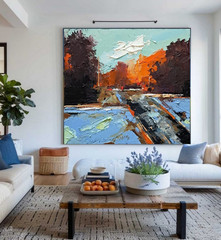 Original Large Oil Painting on Canvas Winter Landscape Art Evening Sunset Road