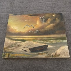 Vntg Original 1970’s Seascape Oil Painting Seagulls Birds Boat Beach 16” X 20”