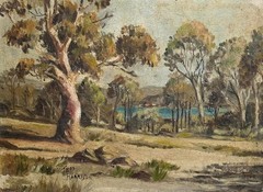 THOMAS (THOS) HARRISON AUSTRALIAN OIL „TREES TOWARDS THE BAY“ C 1950