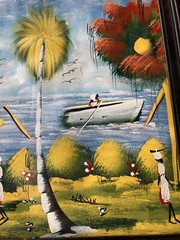 Haitian Folk Art Painting 9 x 13 Signed Canvas Village Coast Scene Framed