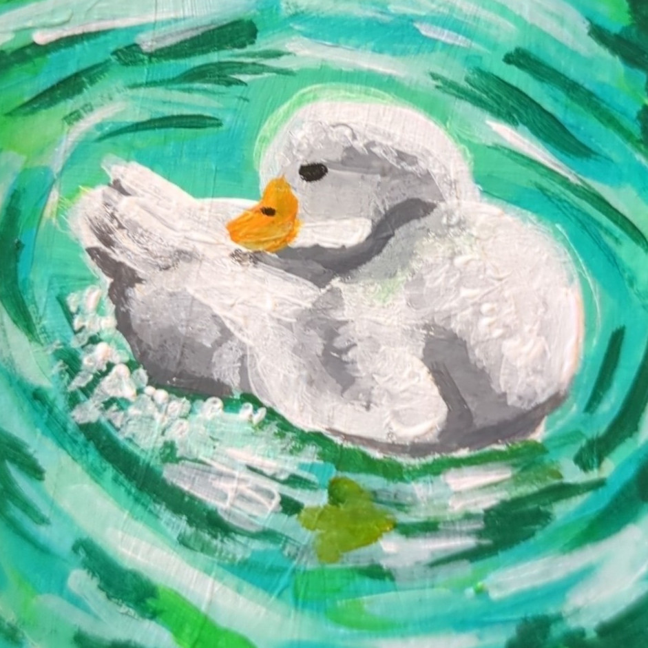 ACEO original acrylic painting by meganspreit duck duckling water green pond