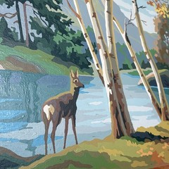 Large Paint-By-Number Framed Scenic Forest Landscape Deer & River 27″ x 21″ Vtg