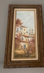 Vintage Spanish Town Mission Oil Painting 27” X 15” Set 2 (Jose) J. Morales