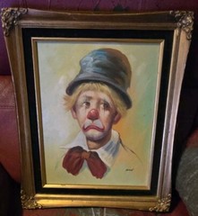 Vintage “Sad Clown” painting On Canvas. Signed By Ricj Wooden Frame 18”x15″