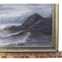 1912 Painting A – Ocean Sea Rocky Coast Boats Gulls Subdued Sunlight 20×10 Moody