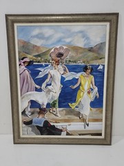 Large Oil on Canvas w/ Frame, Girls on River, 59″ x 46.5″