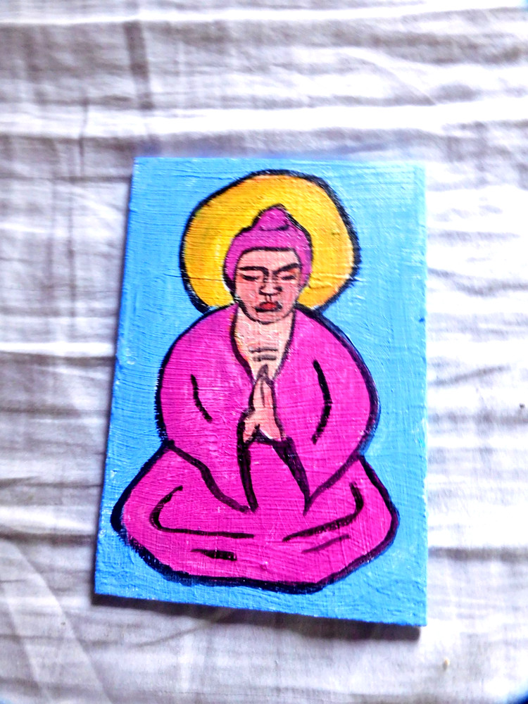 original painting of buddha on wood ,In Prayer 2“ 4.5“ by 6.5“