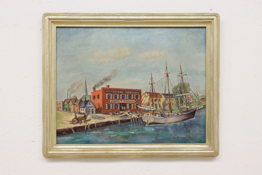 Harbor & Boats Antique Original Oil Painting, Miller 32.5″ #51894