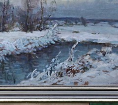 Oil on Cardboard Signed Zdenek Nemastil Winter Landscape River Snow Framed