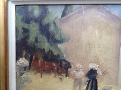 19th Century Impressionist Oil Painting Threshing Wheat in Provence Using Horses