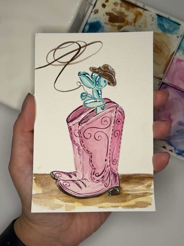 Original Small Watercolor 6″ x 4″ Balloon dog In A Boot – Howdy Series
