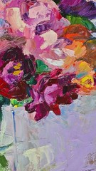 Original Oil Painting Peonies Colorful Still Life 18×14 in Oil on Board Signed