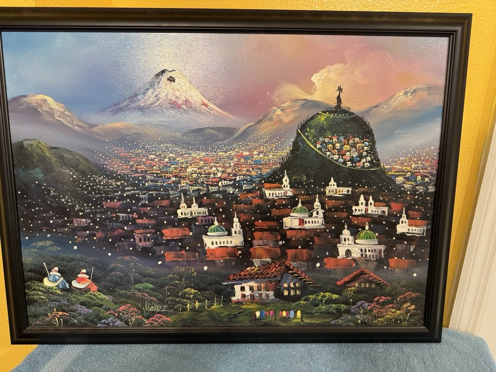Gonzalo Endara Crow STYLE Painting~Surrealist Mountainside Town~By Perez 22×30