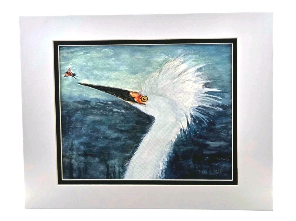 Original Watercolor Painting Eager Egret Wading Bird Amature Art *Please Read