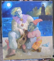 ITALIAN SURREALIST OIL ON CANVAS PIERROT, LISTED ARTIST SIRIO ZINGONI B. 1938