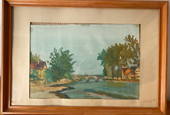 WATERCOLOR 1948 VILLAGE RIVER LANDSCAPE ILLEGIBLY SIGNED ARCHED BRIDGE CHURCH