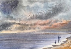 DOG LOVE WALK CLOUDY BLUE SKY Original Arts Painting Landscape Seascape Gift A5